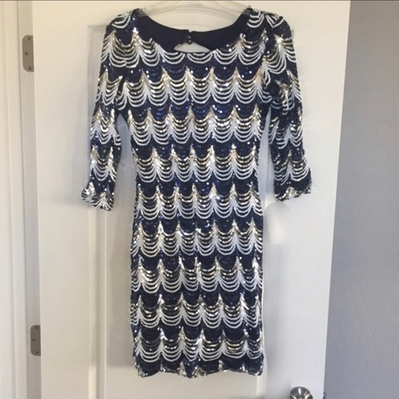 ‼️SOLD‼️ Crystal Doll Navy Blue Scalloped Sequin Dress - Picture 6 of 7